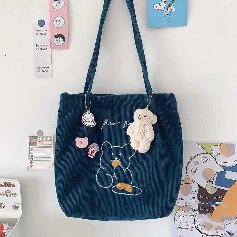Cute Bear Canvas Bag Corduroy Tote Bag Blue - Shop at LoveMi