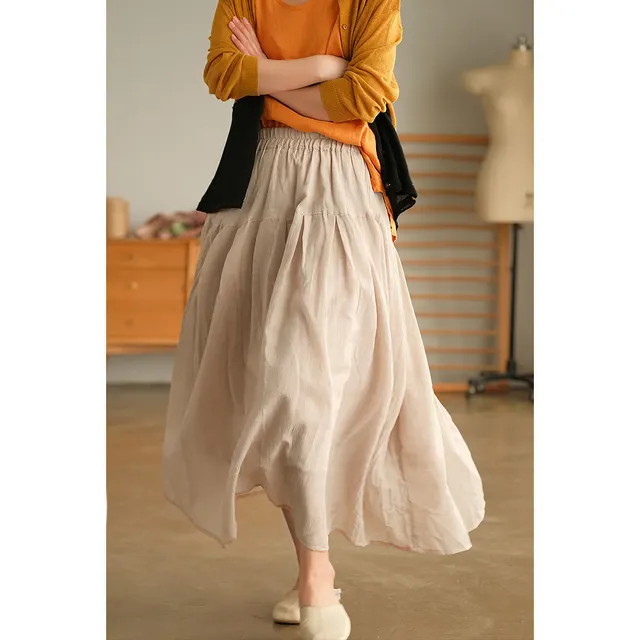 Pure Color Elastic Waist Cotton Ramie Body Pleated Long Skirt Summer Big Swing Skirt Apricot - Shop at LoveMi