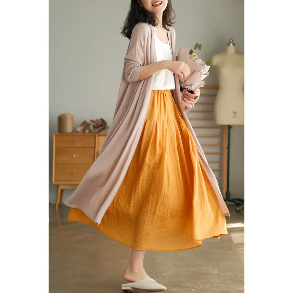 Pure Color Elastic Waist Cotton Ramie Body Pleated Long Skirt Summer Big Swing Skirt - Yellow