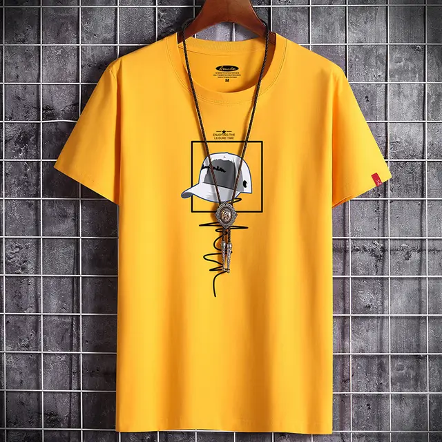Short sleeved T shirt Men's Summer Cotton Loose fitting Plus Size Men's Shirt Yellow - Shop at LoveMi