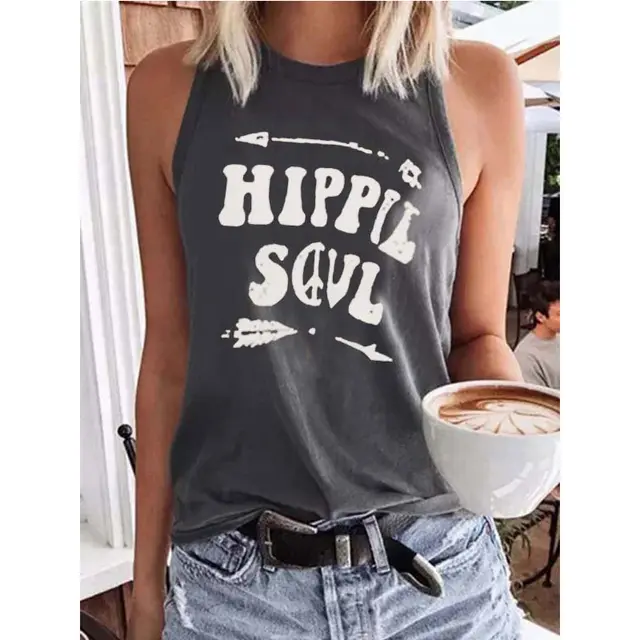 New Summer Print Sleeveless Vest Casual Pullover T Shirt Women Grey - Shop at LoveMi