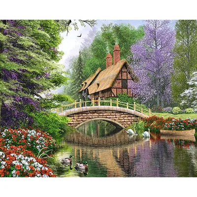 Diamond Painted Bridge, KBL Embroidery, Purple Flowers And Trees, Rhinestones, Cross Stitch Square - Shop at LoveMi
