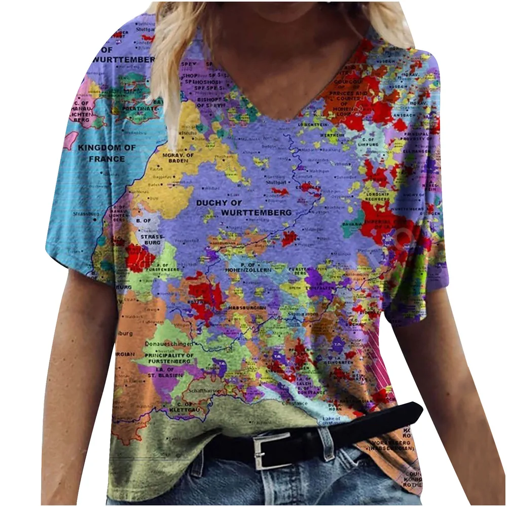 New Female Map Print V Neck Short Sleeved T Shirt Purple - Shop at LoveMi