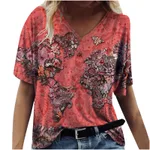 New Female Map Print V-Neck Short-Sleeved T-Shirt - Red