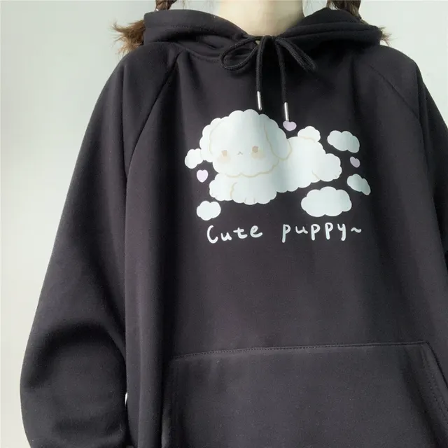 Japanese soft girl style cute girl cartoon printed Hoodie girl Plush warm student loose top Black - Shop at LoveMi