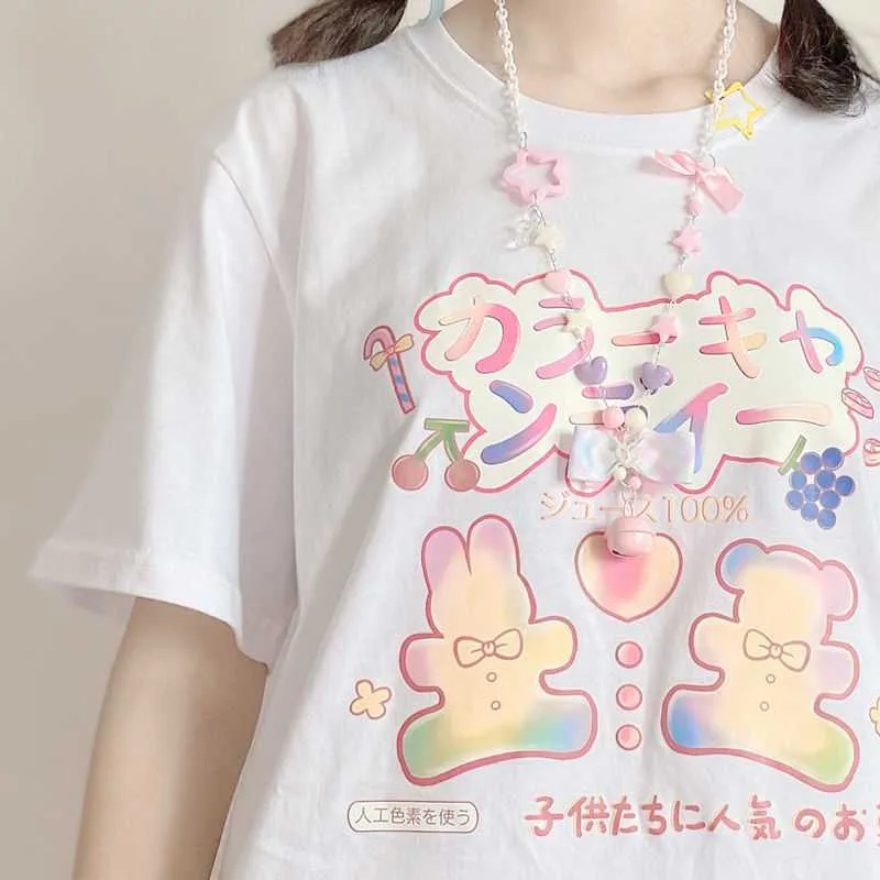 Summer Japanese College Style Cute Candy Rabbit Print Loose White - Shop at LoveMi