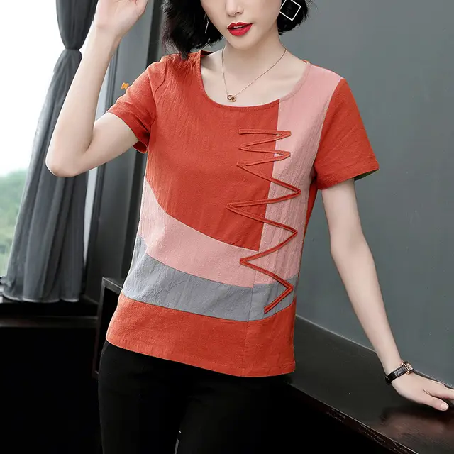 Large Size Loose Slimming Contrast Color Half sleeve Slimming Bottoming Shirt Orange - Shop at LoveMi