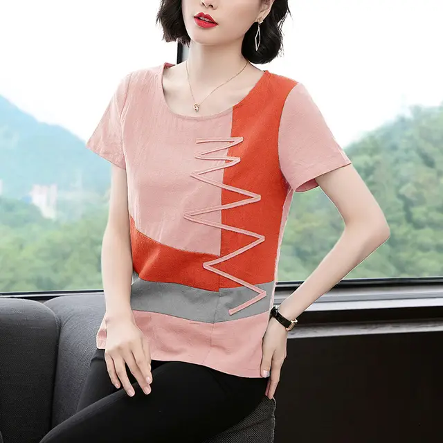 Large Size Loose Slimming Contrast Color Half sleeve Slimming Bottoming Shirt Pink - Shop at LoveMi