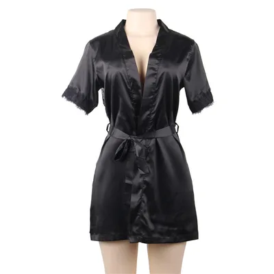 Sexy Lace Short Sleeve Deep V Nightdress Robe Black - Shop at LoveMi