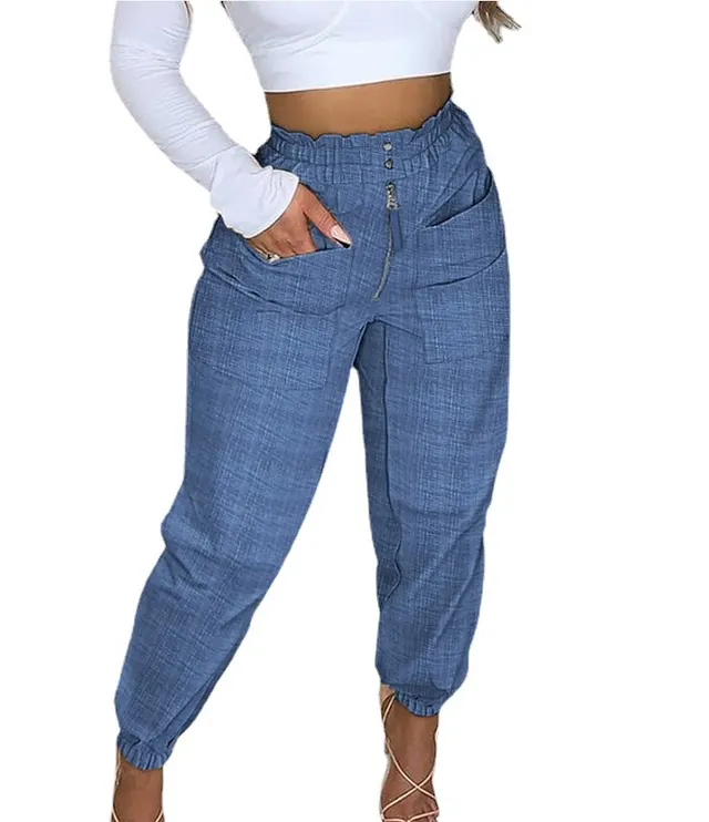 Cross Border New Product Casual Pants Waist Elastic High Waist Women's Trousers Solid Color Overalls Blue - Shop at LoveMi