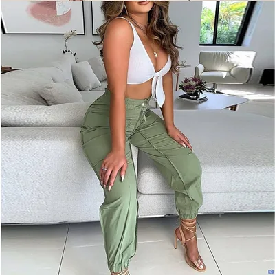 Cross Border New Product Casual Pants Waist Elastic High Waist Women's Trousers Solid Color Overalls Green - Shop at LoveMi