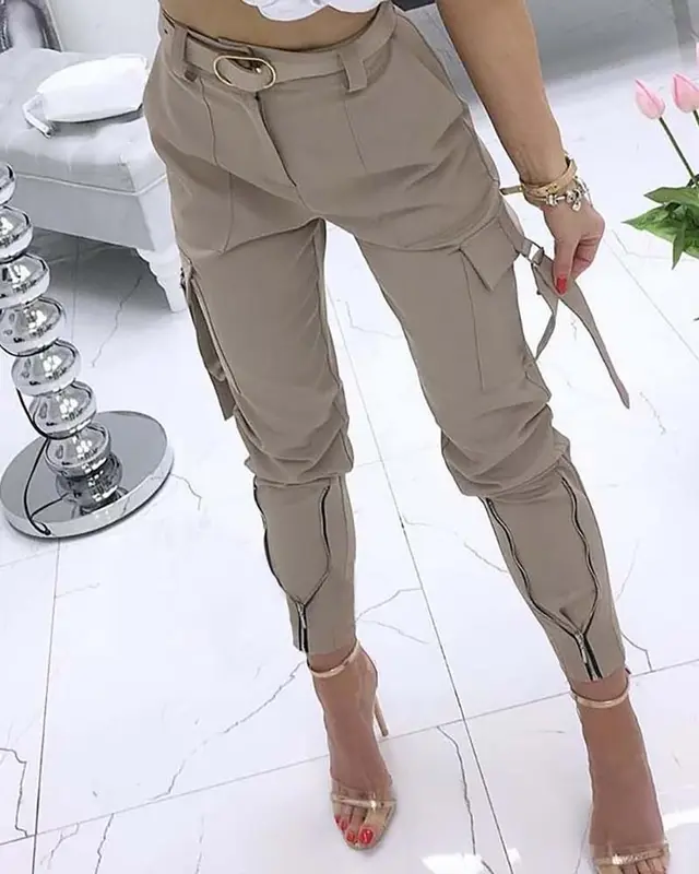 Cross Border New Product Casual Pants Waist Elastic High Waist Women's Trousers Solid Color Overalls Khaki - Shop at LoveMi