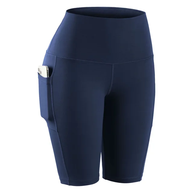 Nude Fabric High Waist Tight fitting Side Pocket Yoga Pants Sanded Running Fitness Sports Shorts Navy Blue - Shop at LoveMi