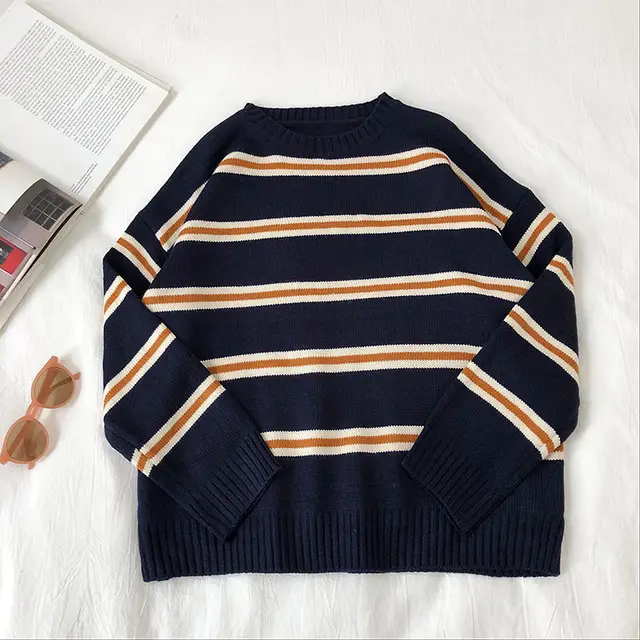 New Korean Retro College Style Loose All match Sweater Dark Blue - Shop at LoveMi