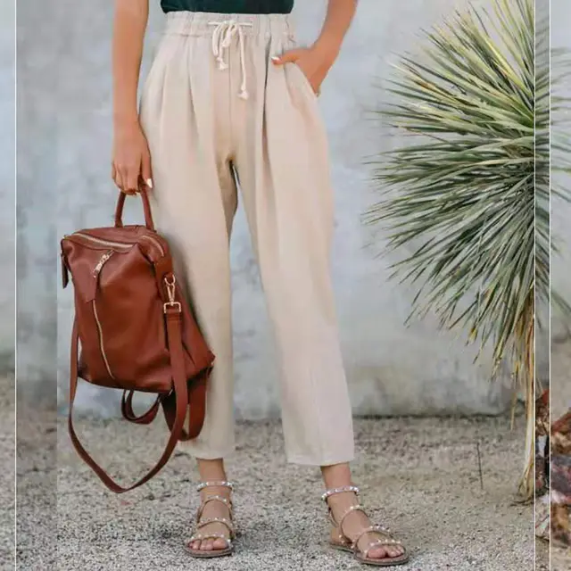 Pure Color Casual Elasticated High waist Straight leg Trousers Apricot - Shop at LoveMi