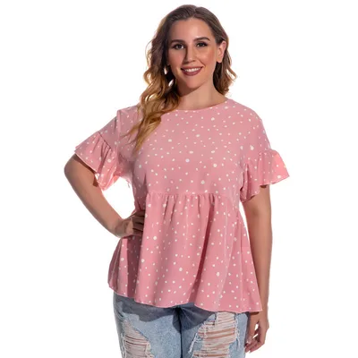 Dot Flared Sleeve Short Sleeve Plus Size Women's T shirt Pink - Shop at LoveMi