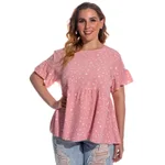 Dot Flared Sleeve Short Sleeve Plus Size Women's T-shirt - Pink