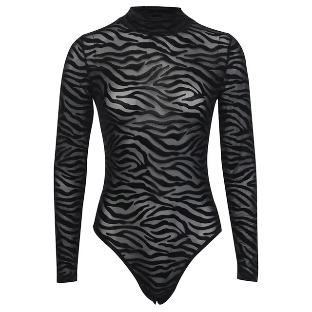 European And American Women's Irregular Striped Blouse, Autumn And Winter Fashion Sexy See Through Long Sleeved Slim Casual Bottoming Bodysuit Black - Shop at LoveMi