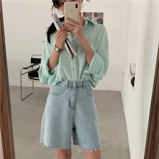 High waisted Wide leg Denim Shorts With Raw Edges Light Blue - Shop at LoveMi