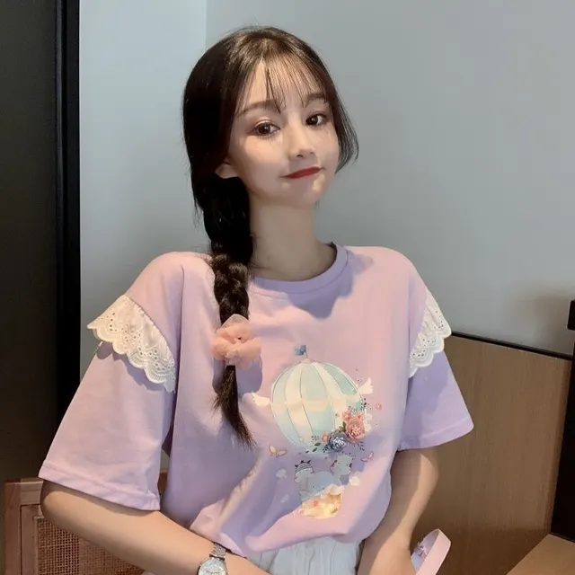 Summer Korean New Lace Stitching Niche Ins Shirt Short sleeved Women Purple - Shop at LoveMi