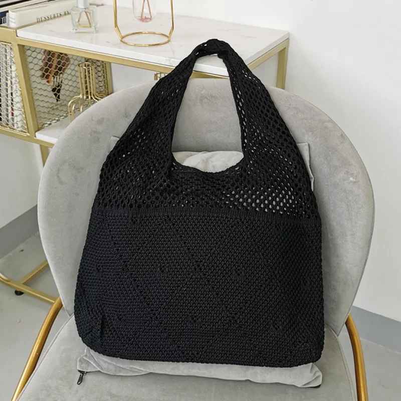 Knitted Hollow Woolen Yarn Bag Vest Bag Handbag Shoulder Black - Shop at LoveMi