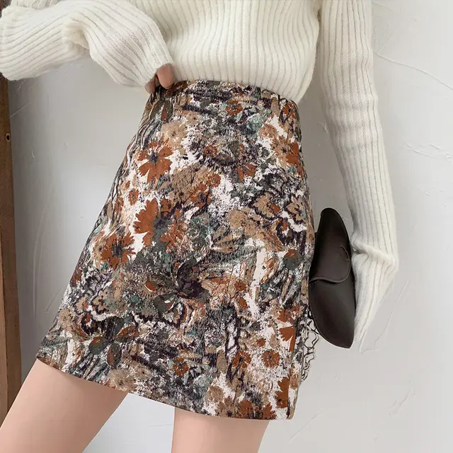 Real Shot Autumn And Winter New French Retro High Waisted Thin Color Skirt Female Popular Net Red A Line Bag Hip Skirt Coffee - Shop at LoveMi