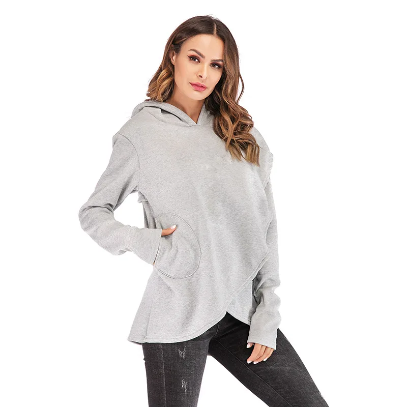 Long-Sleeved Fleece Women's Blouse New Solid Color Irregular Hooded Sweater - Grey