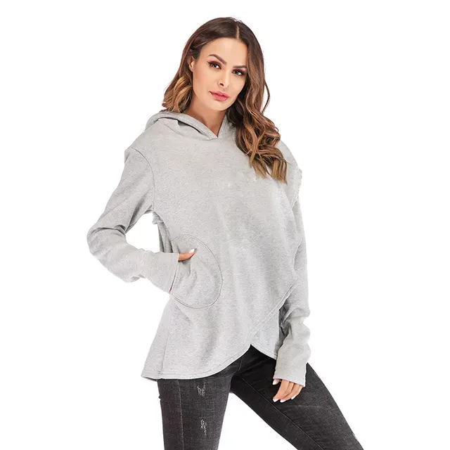 Long Sleeved Fleece Women's Blouse New Solid Color Irregular Hooded Sweater Grey - Shop at LoveMi