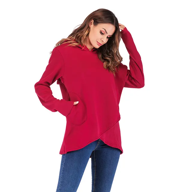 Long Sleeved Fleece Women's Blouse New Solid Color Irregular Hooded Sweater Red - Shop at LoveMi