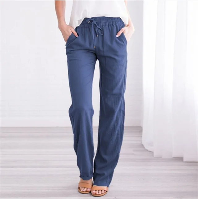 Foreign Trade Solid Color Elastic Waist Casual Trousers Women Blue - Shop at LoveMi