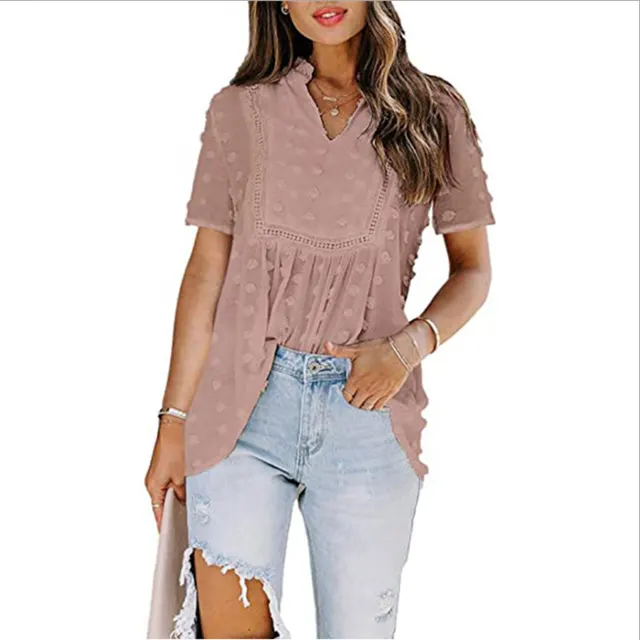 Summer New Style Women's Chiffon Jacquard Wool Ball Lace Chiffon Shirt Top Pink - Shop at LoveMi