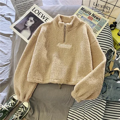 Cut Waist Sweater Lamb Velvet Coat Thick Embroidered California Letters Beige - Shop at LoveMi
