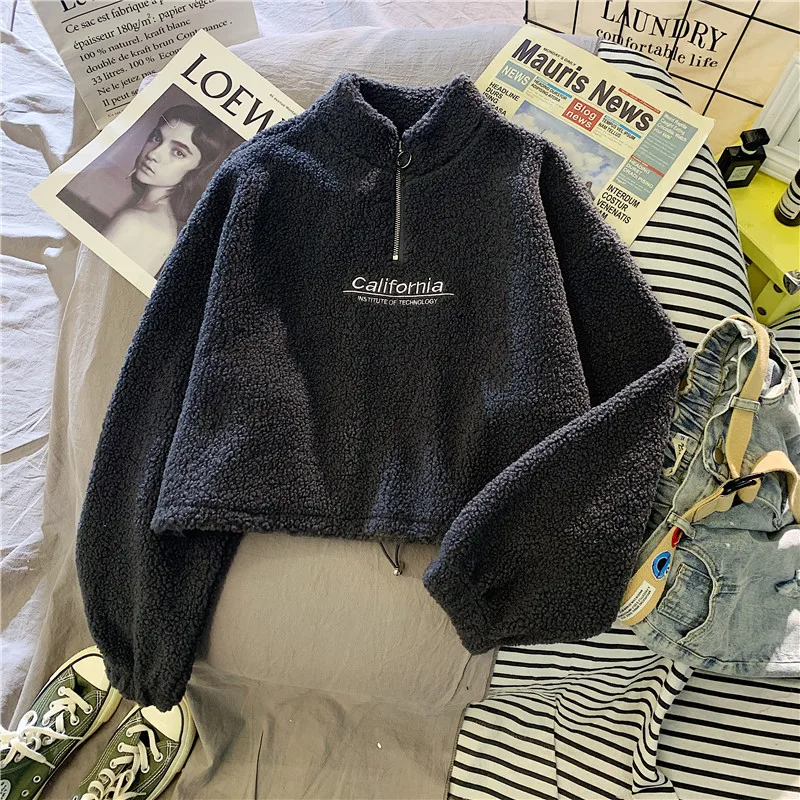 Cut Waist Sweater Lamb Velvet Coat Thick Embroidered California Letters Black - Shop at LoveMi