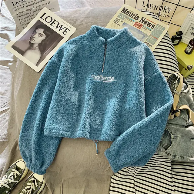 Cut Waist Sweater Lamb Velvet Coat Thick Embroidered California Letters Blue - Shop at LoveMi