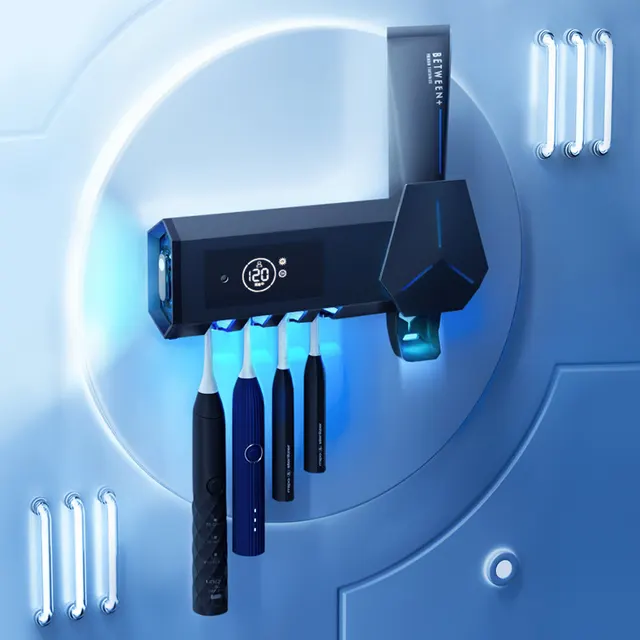 Smart Toothbrush Sterilizer Ultraviolet Perforation Free Bathroom Electric Sterilization Wall mounted Shelf Storage Suction Wall Black - Shop at LoveMi