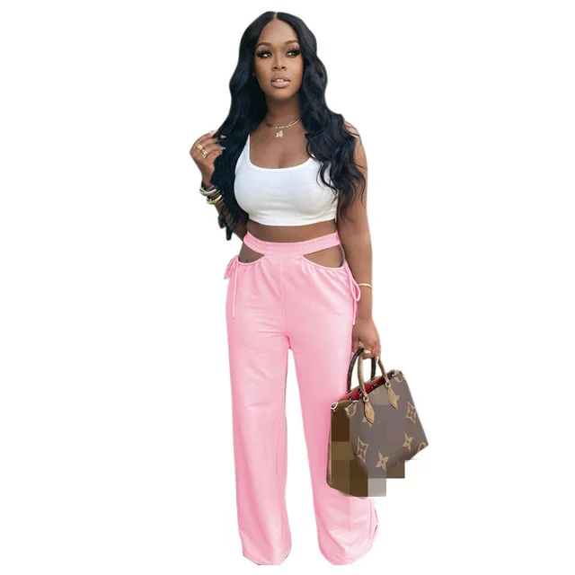 Solid Color Hollow Waist Wide leg Flared Pants Pink - Shop at LoveMi