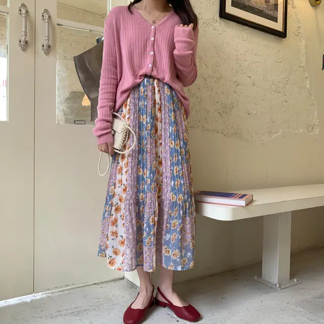 Summer New Style Temperament Color Matching Floral Pleated Mid Length Chiffon Skirt Women Light Purple - Shop at LoveMi