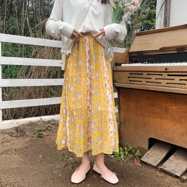 Summer New Style Temperament Color Matching Floral Pleated Mid Length Chiffon Skirt Women Yellow - Shop at LoveMi