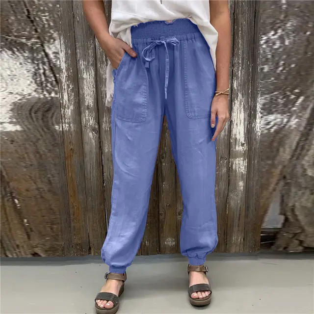 Loose Strappy Trousers Elasticated Slacks Blue - Shop at LoveMi
