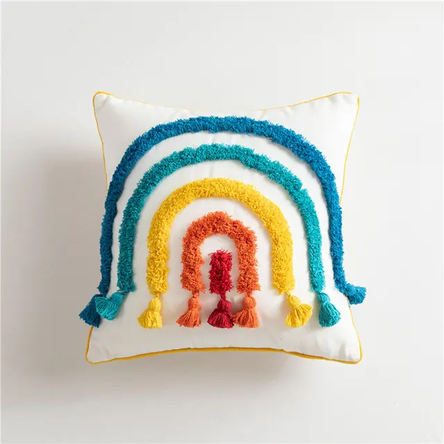 Bag Haircut Moroccan Style Cotton Canvas Tufted Rainbow Geometric Stripe Pillowcase Model Home Sofa Cushion Cover - Shop at LoveMi