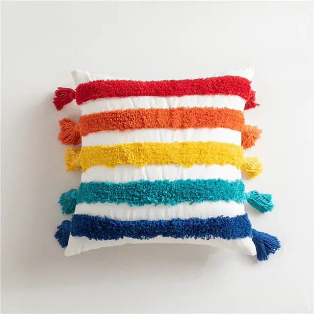 Bag Haircut Moroccan Style Cotton Canvas Tufted Rainbow Geometric Stripe Pillowcase Model Home Sofa Cushion Cover - Shop at LoveMi