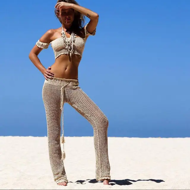 Sun Protection Trousers Knitted Cutout Fleshy Beach Fishing Net Pants Khaki - Shop at LoveMi
