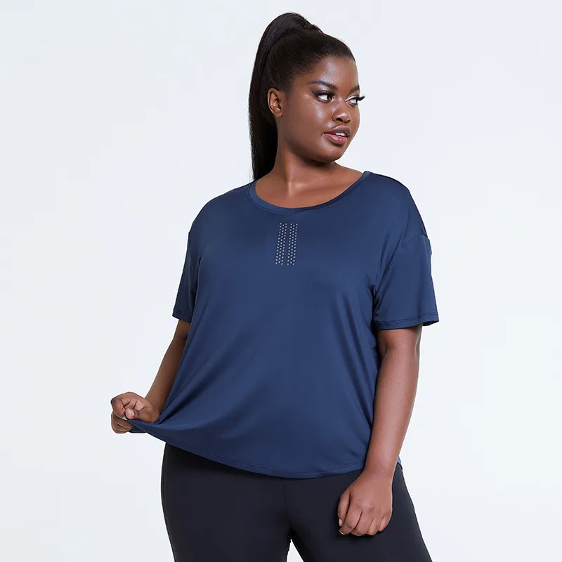 Round Neck Loose Hollow Printed T shirt Sports Plus Size Dark Blue - Shop at LoveMi
