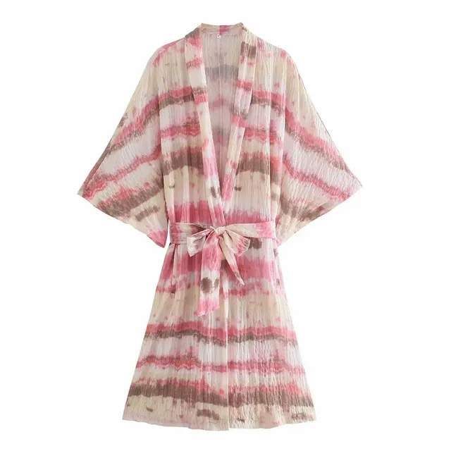 Fashionable Loose Tie dye Kimono style Casual Outerwear Pink - Shop at LoveMi