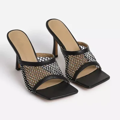 Lazada Square Head Mesh Slippers Women High Heels Sandals Black - Shop at LoveMi