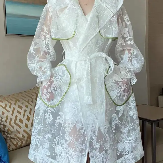Lace Trench Coat New Style Hooded Embroidery Lantern Sleeve Over The Knee Coat Mid length Sun Protection Clothing White - Shop at LoveMi