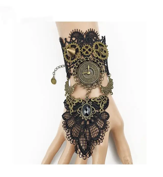 Vintage Lace Bracelet Ladies Gear Clock Steam Engine Jewelry Party Accessories Black - Shop at LoveMi