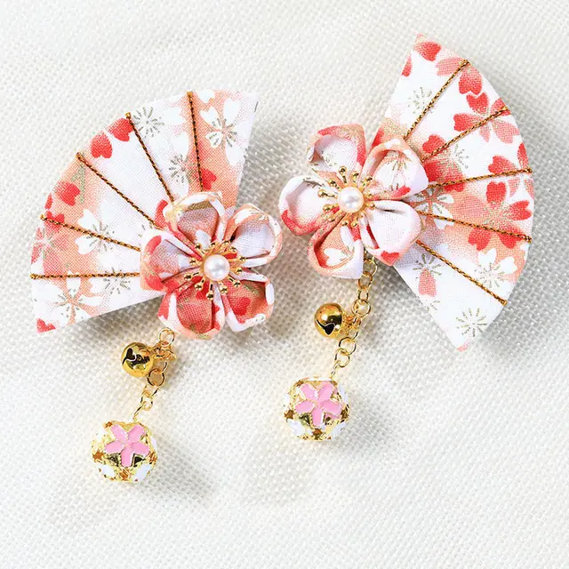 Cute Japanese Cherry Blossom Hairpin With Bells 2Orange Pink Cherry Blossom - Shop at LoveMi
