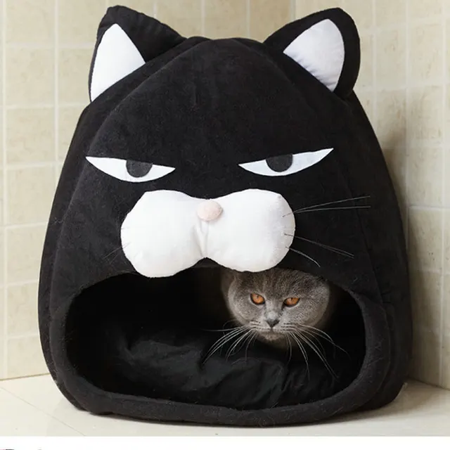 Cartoon Cat Bed Fleece Lovely Pet House For Puppy Cat Warm Black - Shop at LoveMi