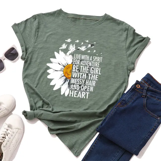 Women's Loose Round Neck Sunflower And Chrysanthemum Short sleeved T shirt Women Army Green - Shop at LoveMi